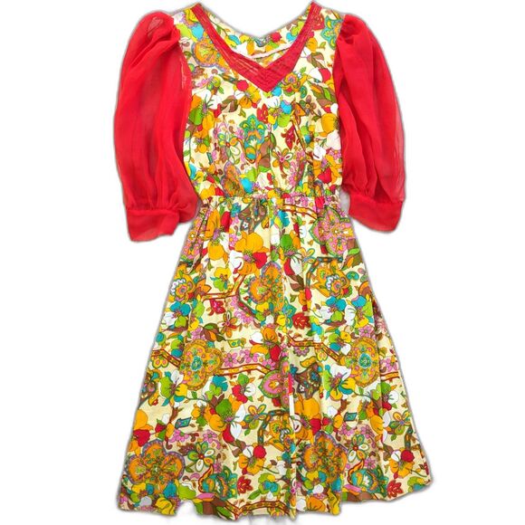 Vintage "Flower Power" 60s/70s Chiffon Sleeve Blouson Midi Dress, Size 8/10 - Picture 8 of 12